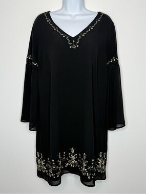 Skies Are Blue Black Gold Embroidered Shift Dress